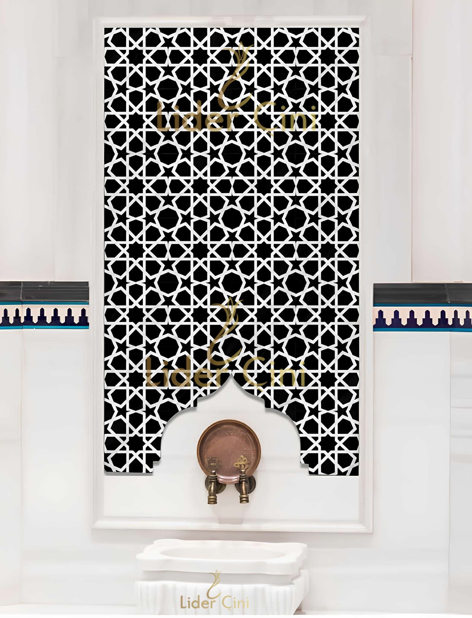 Türk Hamam Çini Panoları-Türkmen Yıldızı Siyah Hamam Pano-THP-003