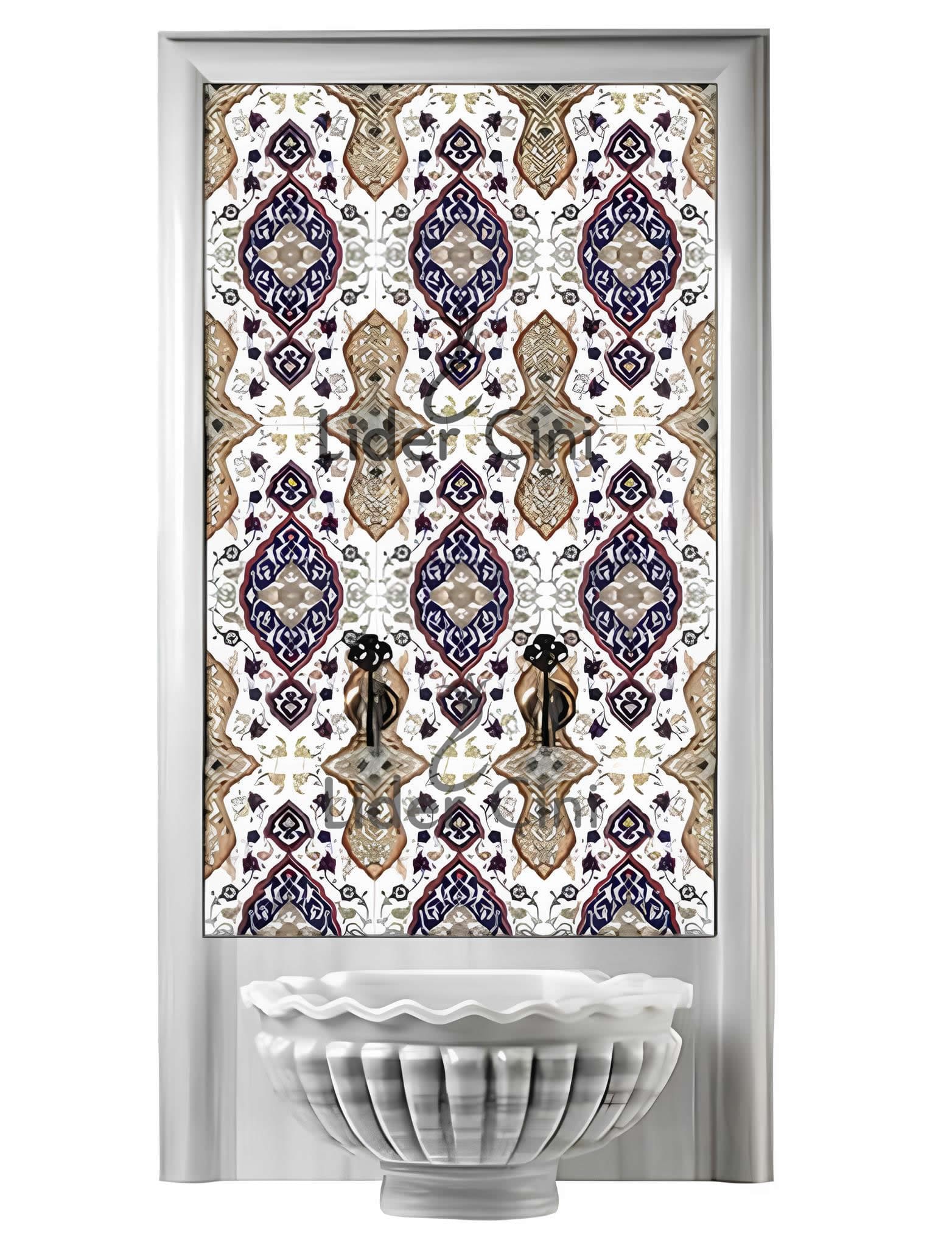 Türk Hamam Çini Panoları-60x120 Geometri Desenli Mavi Beyaz Hamam Pano-THP-050